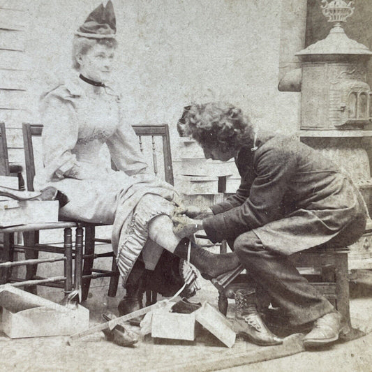 Antique 1870s Woman Gets Measured For New Boots Shoes Stereoview Photo Card 2491