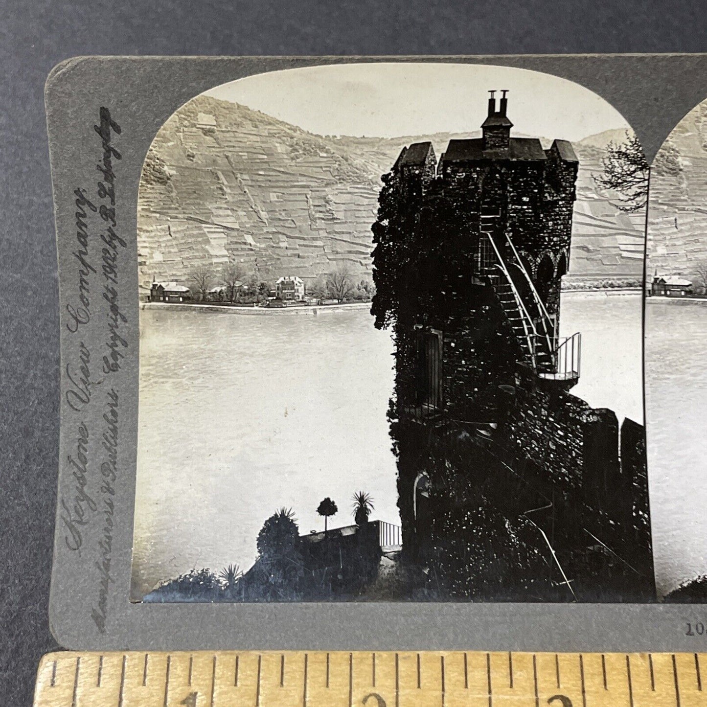 Antique 1902 Tall Skinny Castle On The Rhine River Stereoview Photo Card V2843