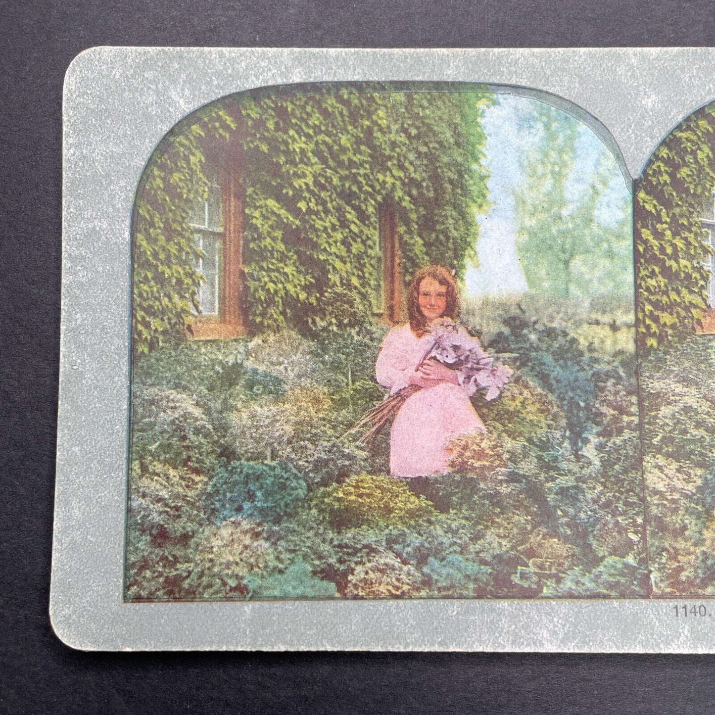 Antique 1899 Young Girl Picking Wild Flowers Stereoview Photo Card P580-043