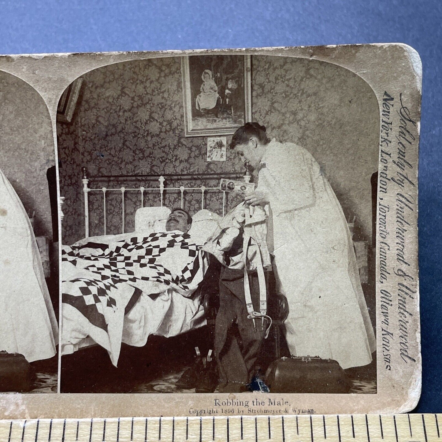 Antique 1896 Prostitute Steals From Sleeping Man Stereoview Photo Card P2365