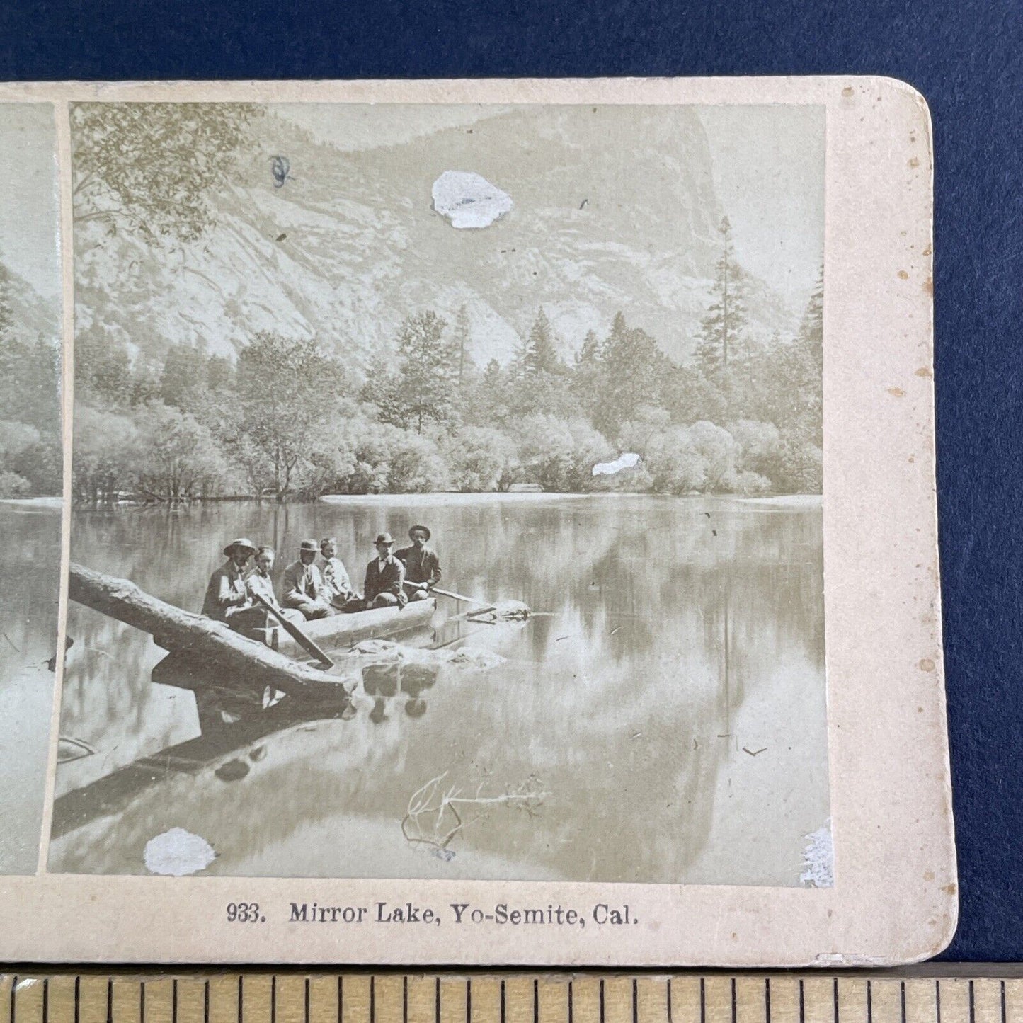 John P. Soule (Center) On Mirror Lake Yosemite Stereoview Antique c1870 X3875