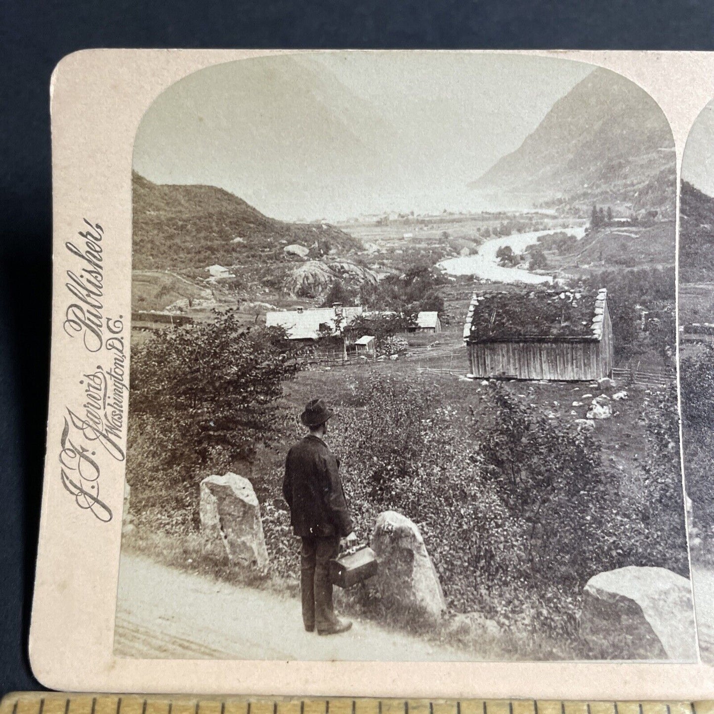 Antique 1892 Worker With Lunchbox Odda Norway Stereoview Photo Card P4592