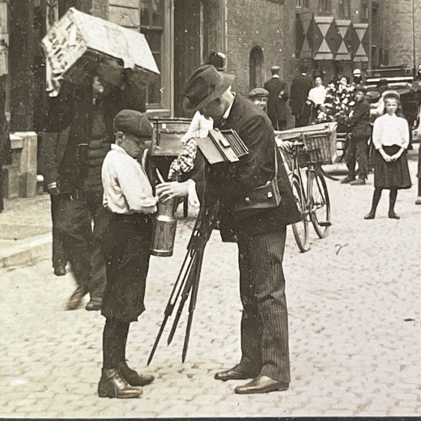 Photographer Shows a Boy his Camera Lens Stereoview Antique c1903 Y1021