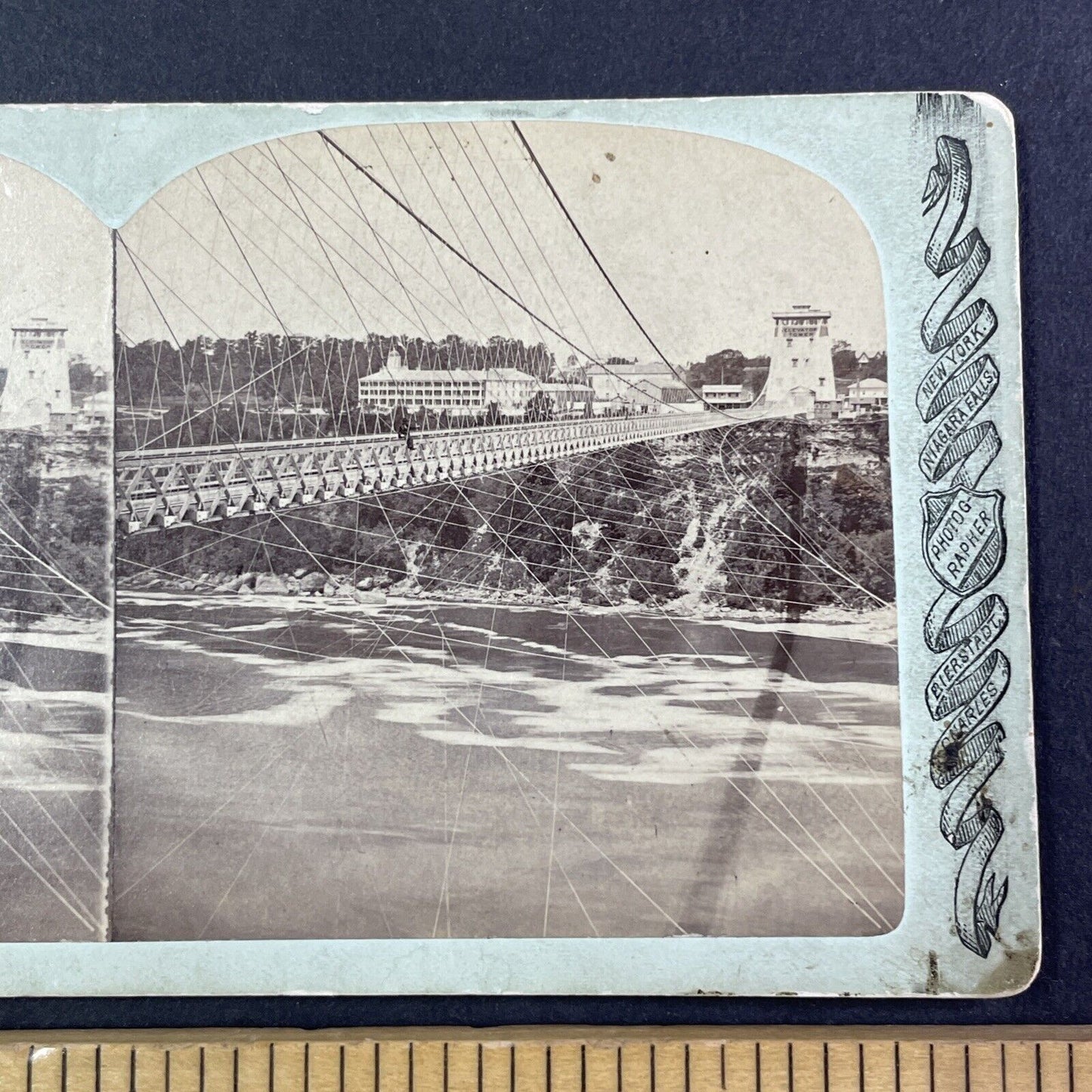 Man Sits at the Edge of Suspension Bridge Stereoview Niagara Falls c1870s Y1828