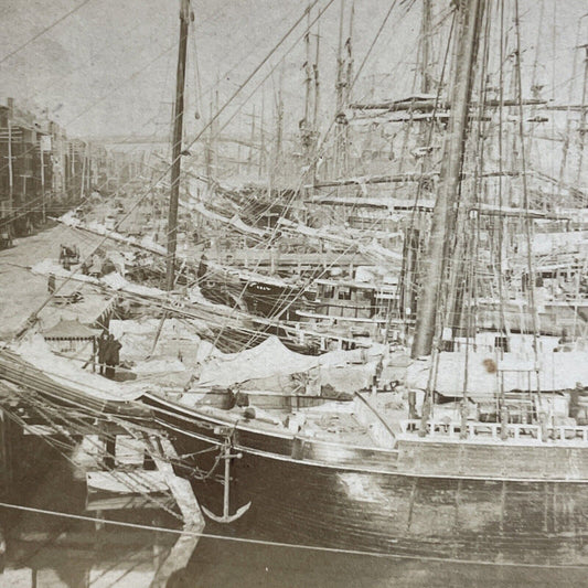 Antique 1890s Cargo Ships In Manhattan Pier NY Stereoview Photo Card P1980-16