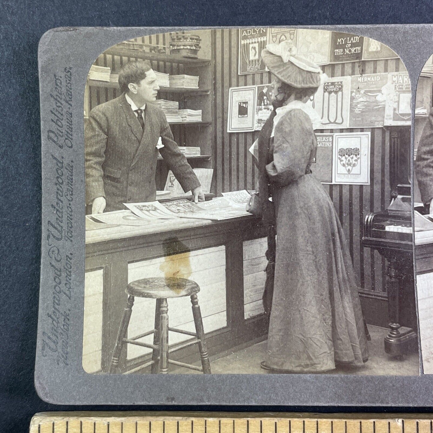 Woman in a Magazine Shop Store Stereoview Newspaper Stand Antique c1905 Y2500