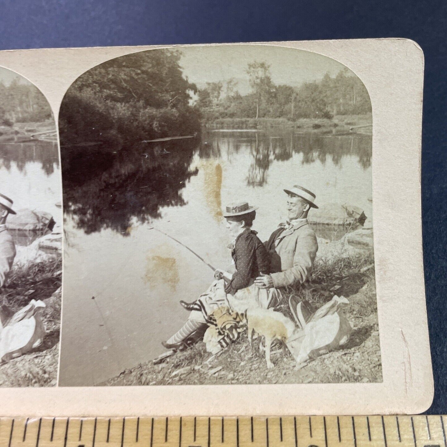 Antique 1890s Man Pulls Womans Dress While Fishing Stereoview Photo Card P3995