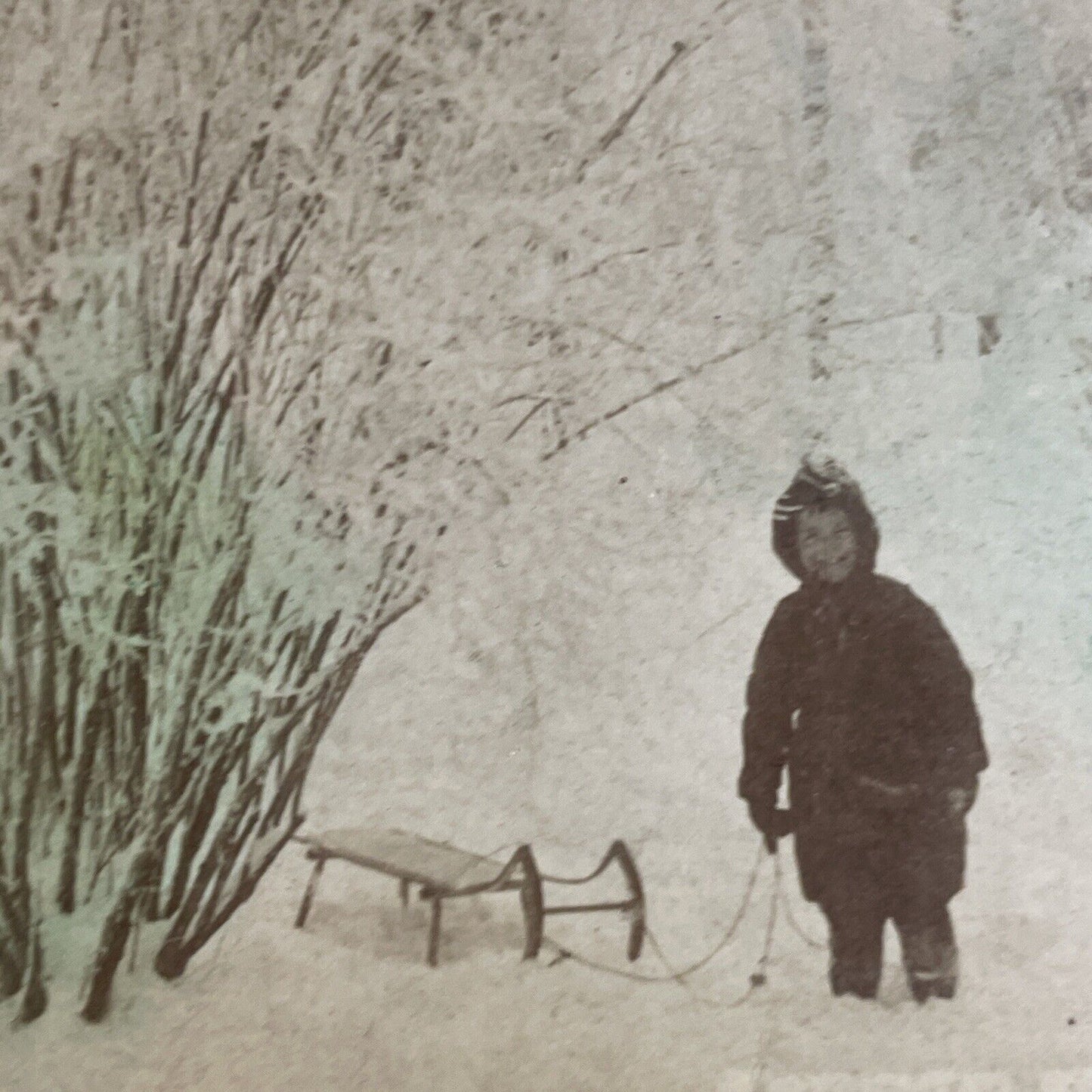 Antique 1880s Boy With Sled In Snowstorm Stereoview Photo Card P4648