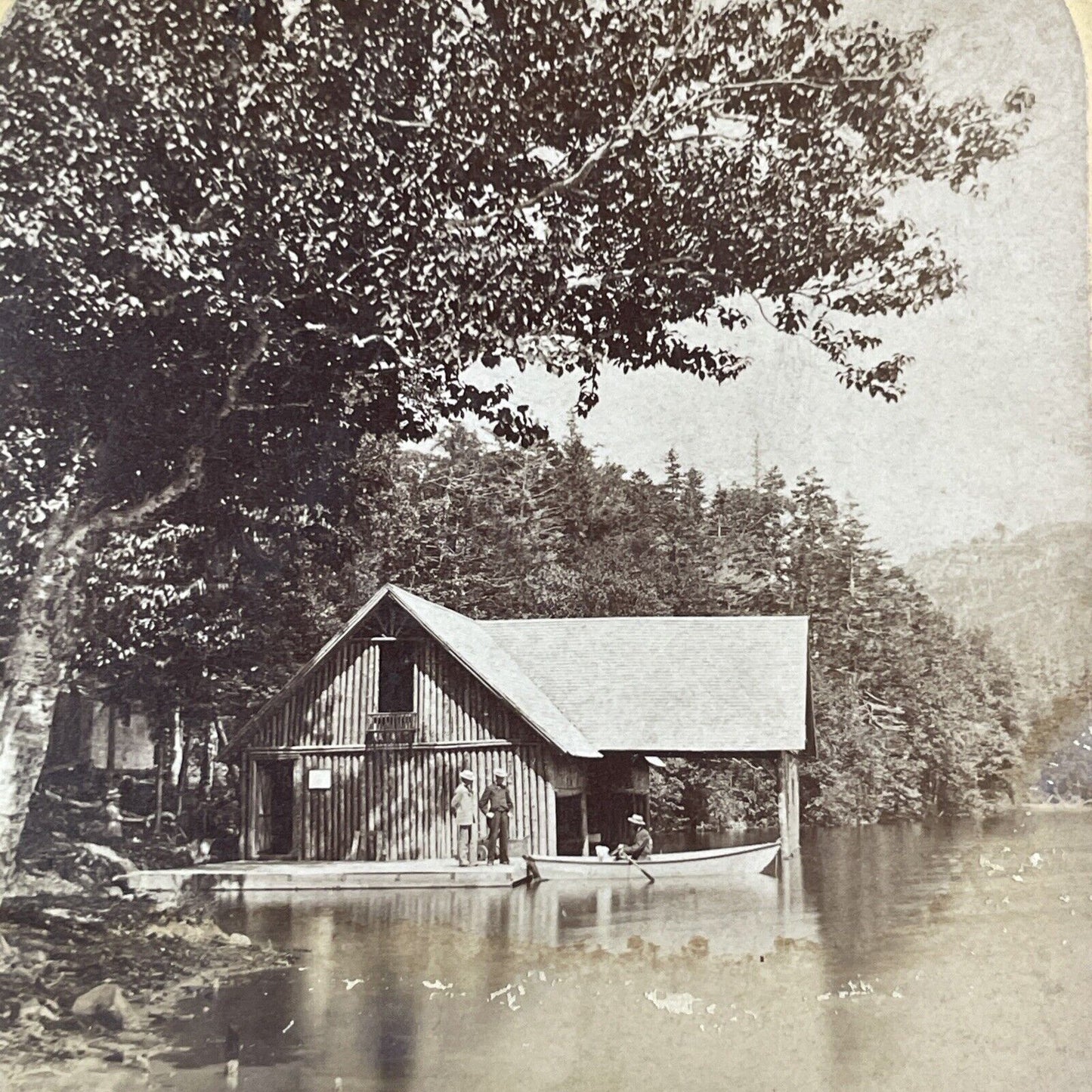 Echo Lake Boat House New Hampshire Stereoview Antique c1870s Y2157