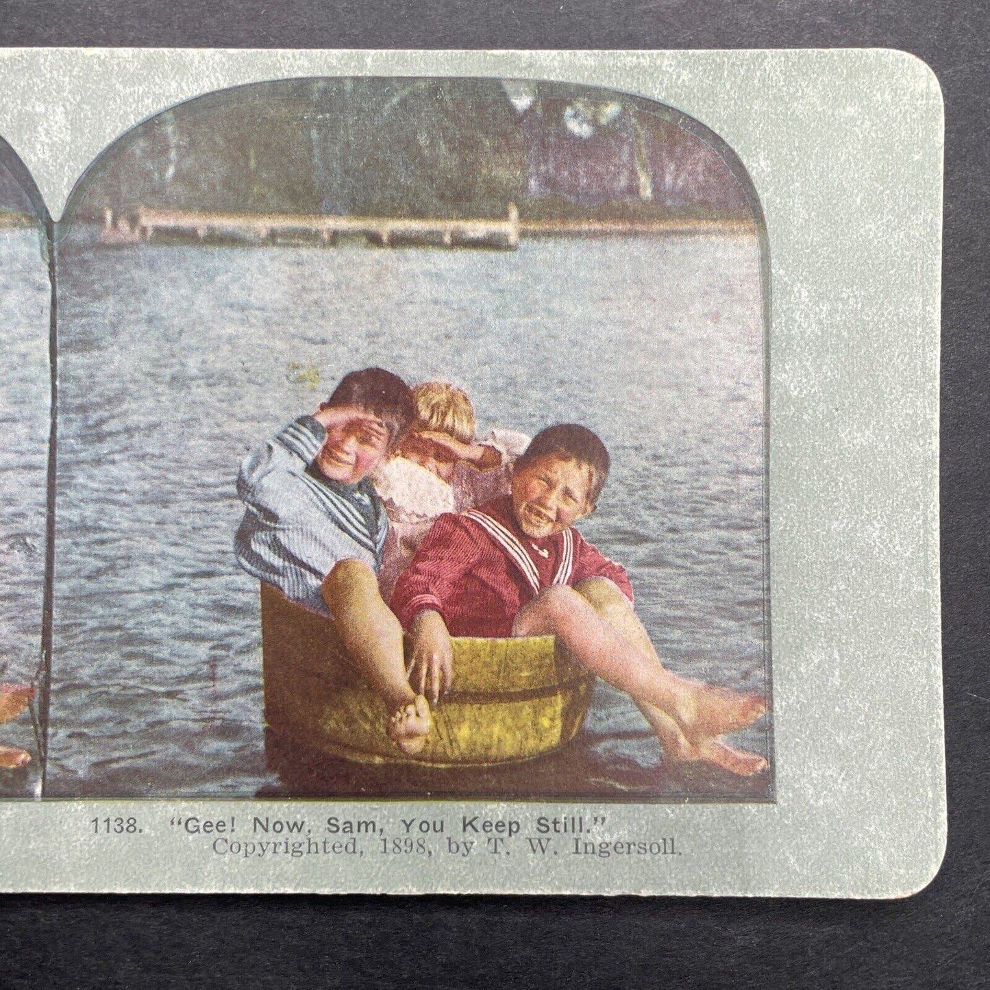 Antique 1898 Boys In A Wash Bucket Boat Stereoview Photo Card P580-041