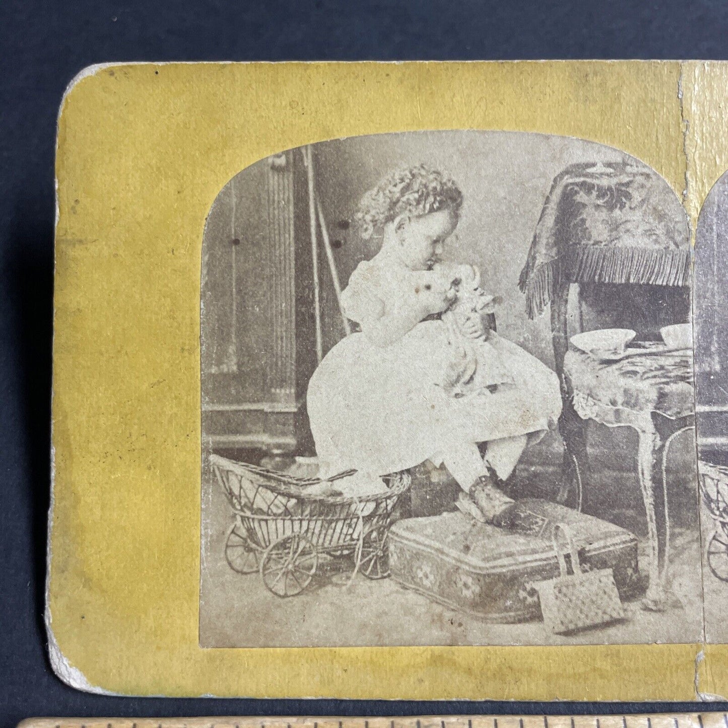 Antique 1870s Little Girl Feeds Her Porcelain Doll Stereoview Photo Card P4700