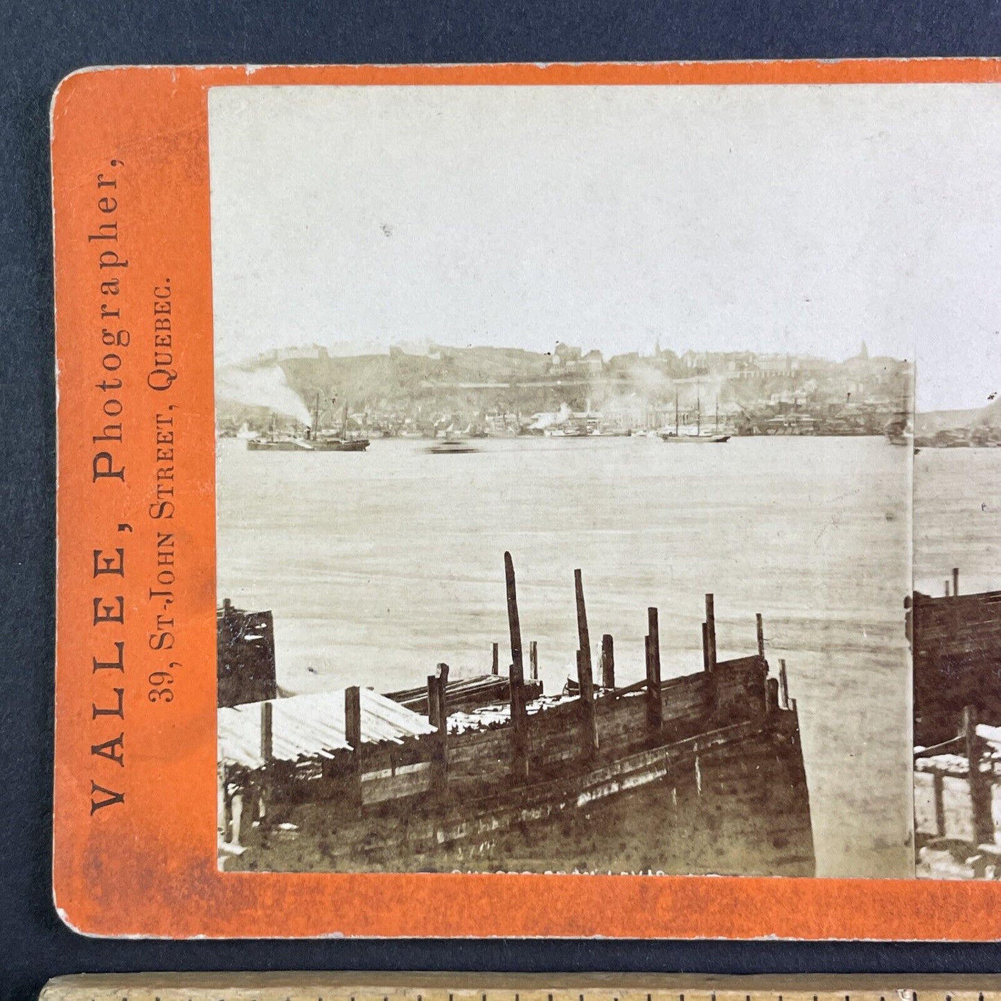 Quebec City Ships on St. Lawrence Stereoview L.P. Vallee Antique c1870 Y2606