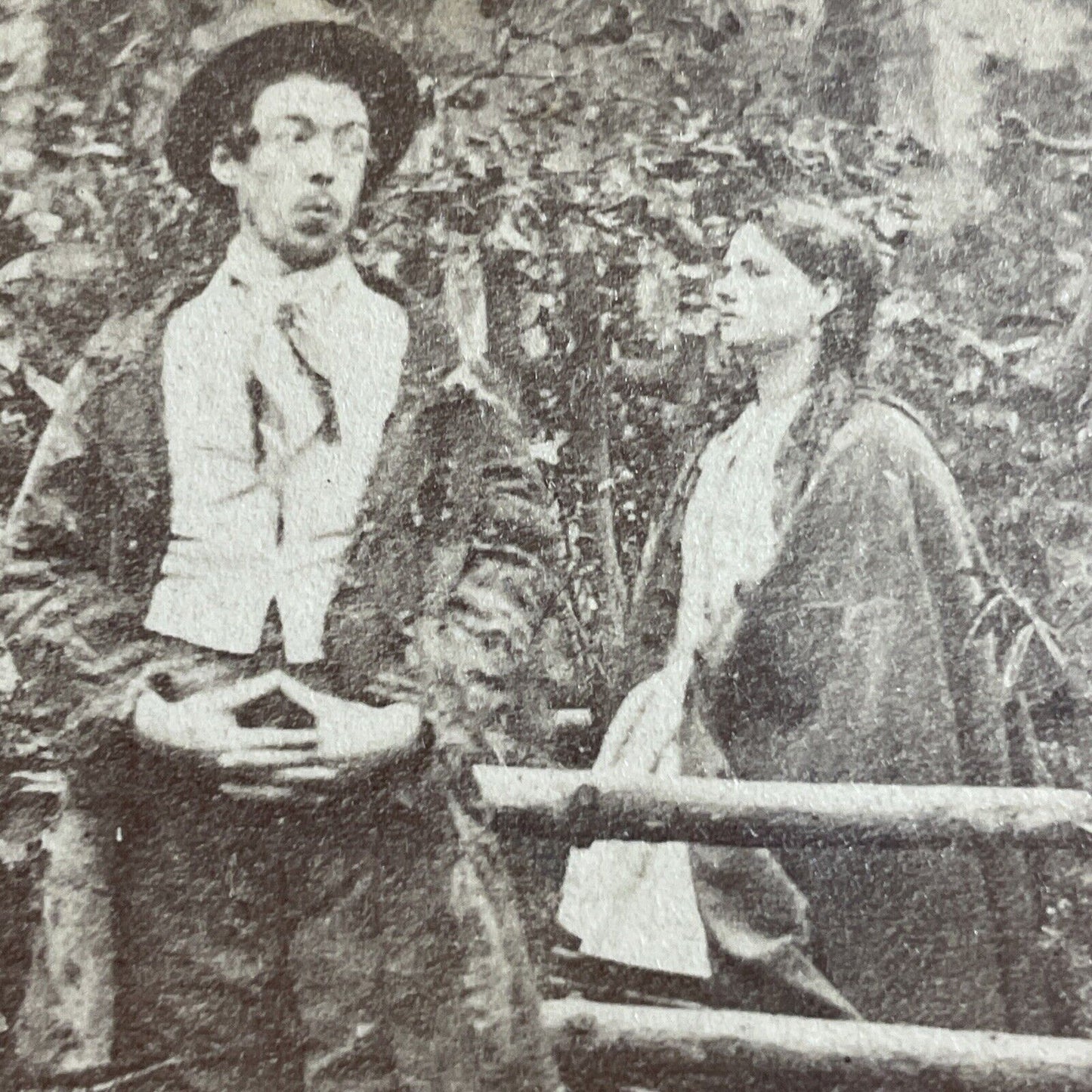 Antique 1870s Man Spies On Woman In Garden Stereoview Photo Card P4704