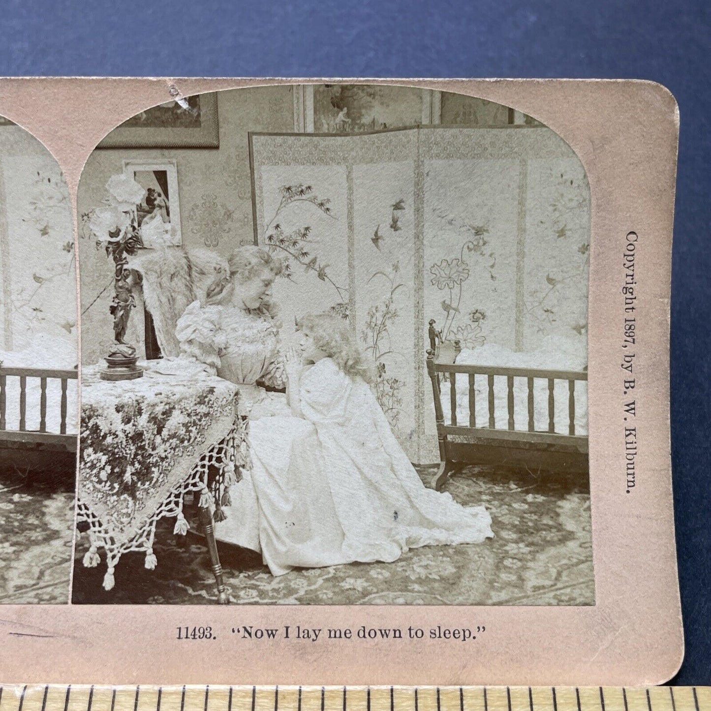 Antique 1897 Child Says The Lords Prayer Before Bed Stereoview Photo Card P2519