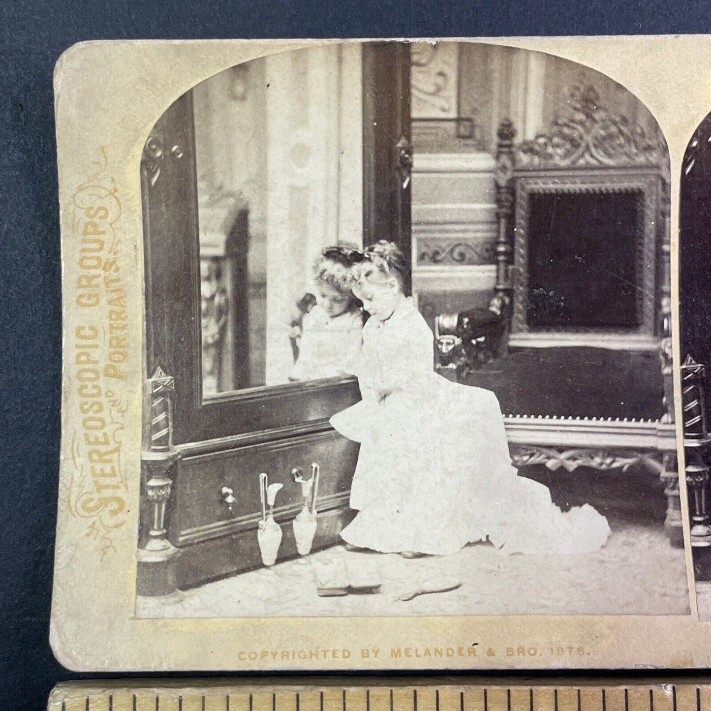 Little Girl Gets Dressed for a Party Stereoview Melander Antique c1876 Y1344