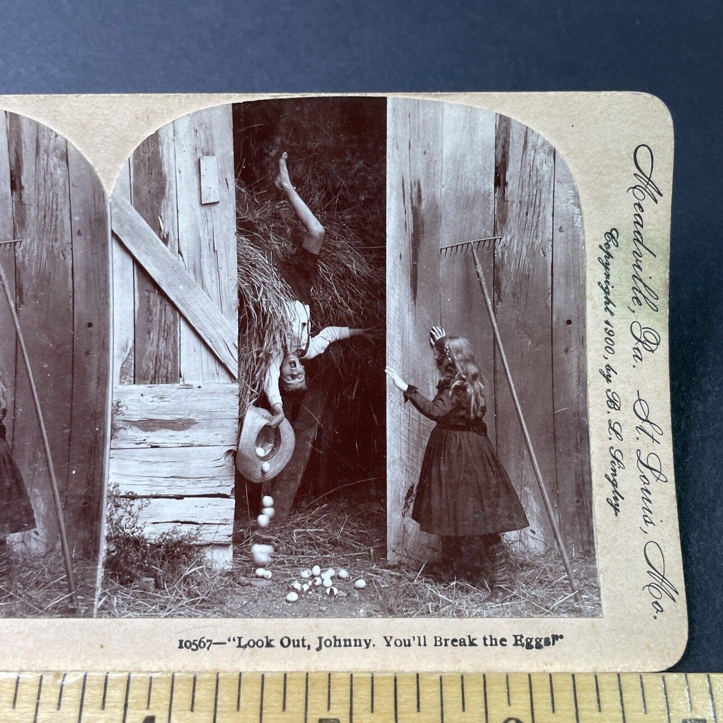 Antique 1900 Boy Falls Out Of Hay Loft Stereoview Photo Card P2839