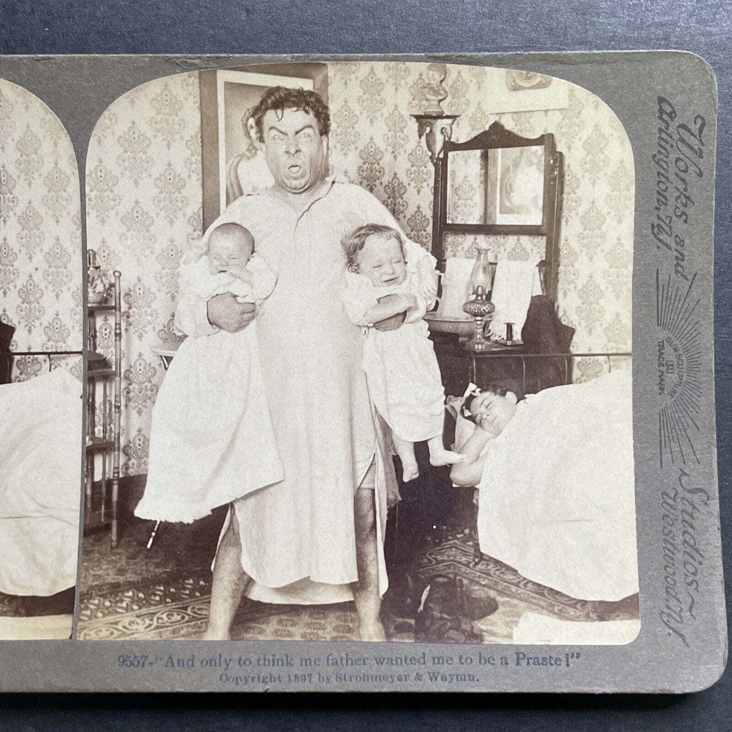 Antique 1897 Father Overwhelmed Sleepless Children Stereoview Photo Card P1352