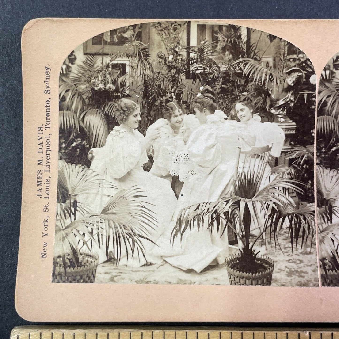 Women Giggling Over Menfolk Stereoview James M. Davis Antique c1897 Y1796