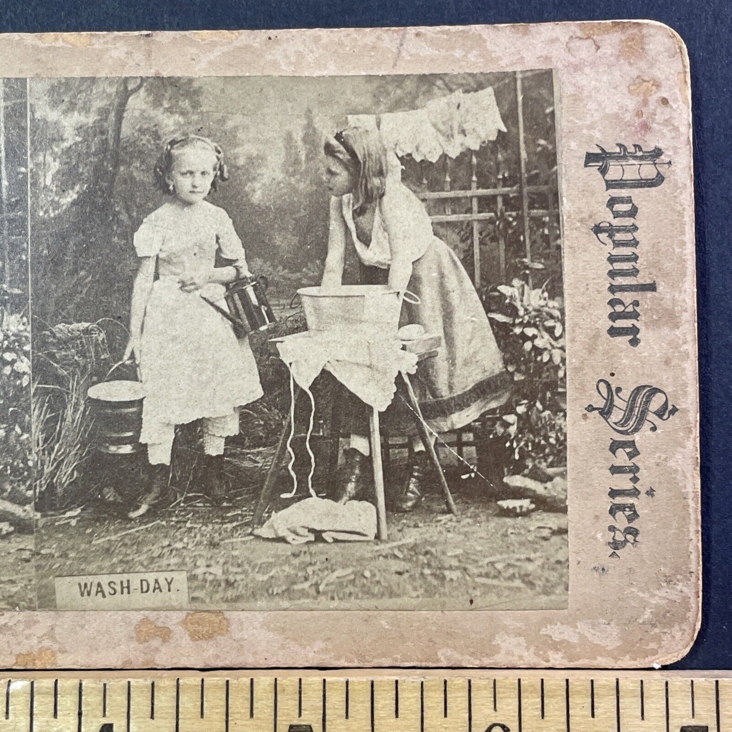 Children Doing Household Chores Stereoview Washing Laundry Antique c1880 X2404