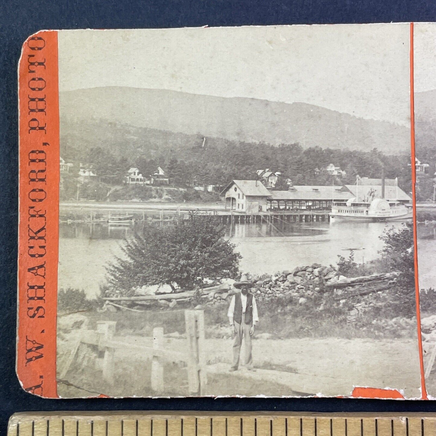 Side-Wheel Steamboat Stereoview Alton Bay New Hampshire Antique c1875 Y914