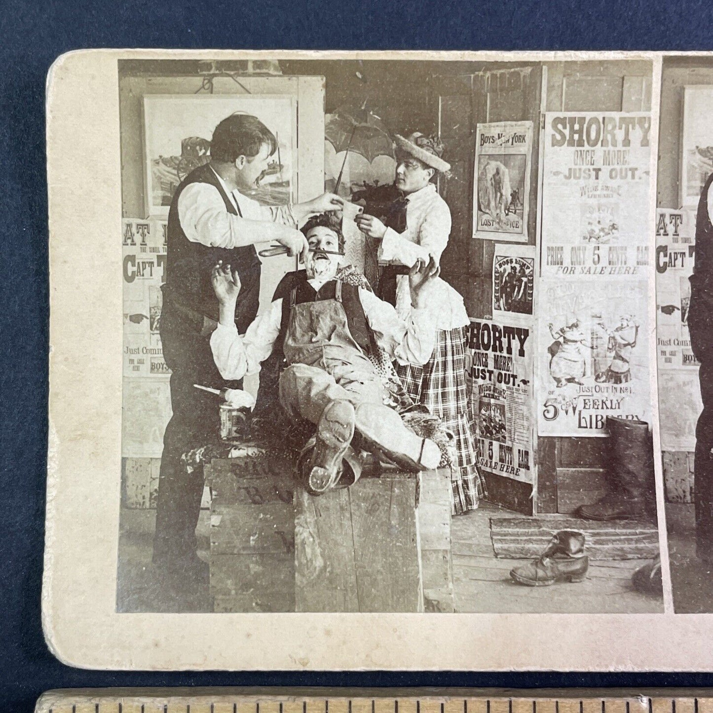 Victorian Barber Shop Shave Stereoview BW Kilburn Antique c1883 X4109