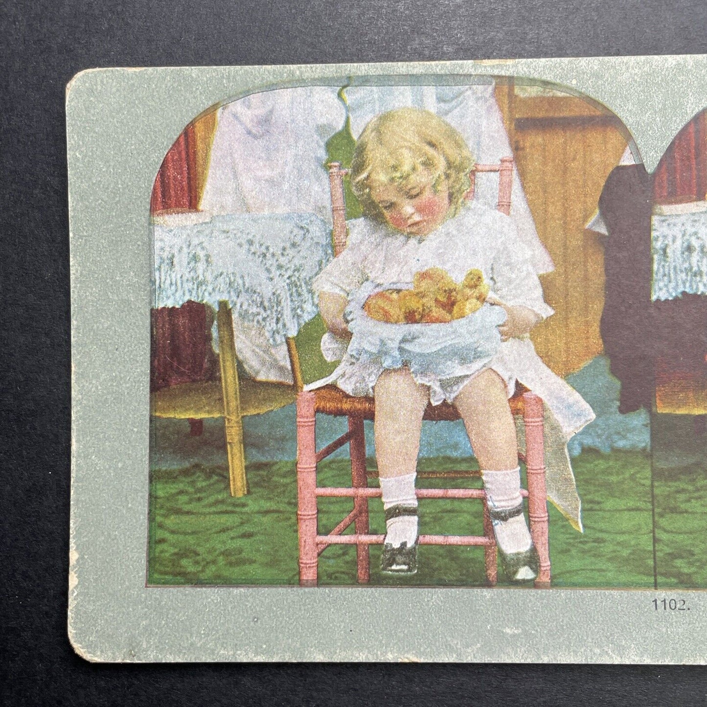 Antique 1892 Child With Basket Of Chicks Chickens Stereoview Photo Card P1232