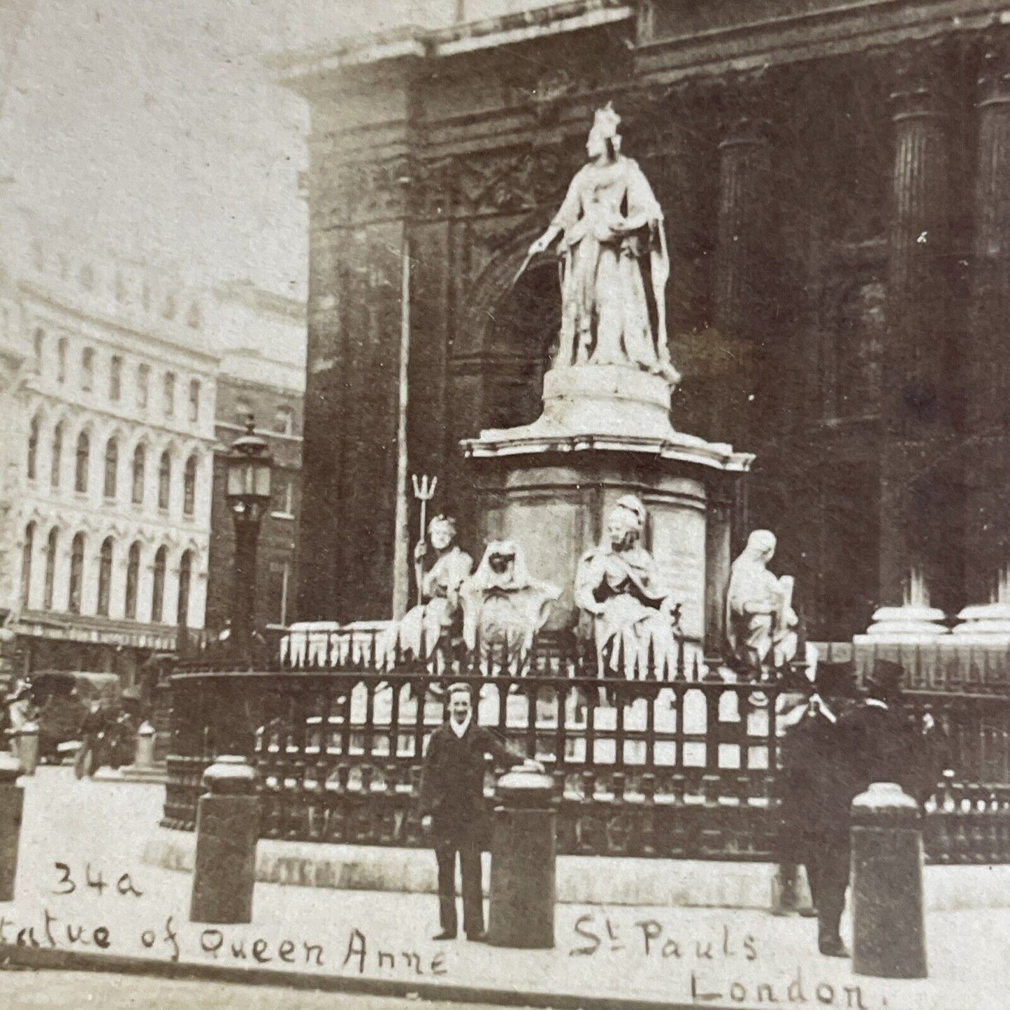 Antique 1870s Statue Of Queen Anne London England Stereoview Photo Card P4522