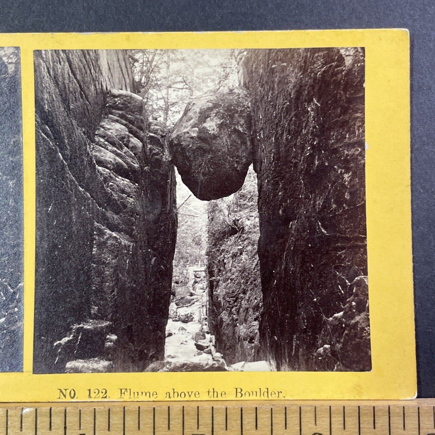 Flume Boulder Franconia Notch NH Stereoview BW Kilburn Photo Antique c1870 X943