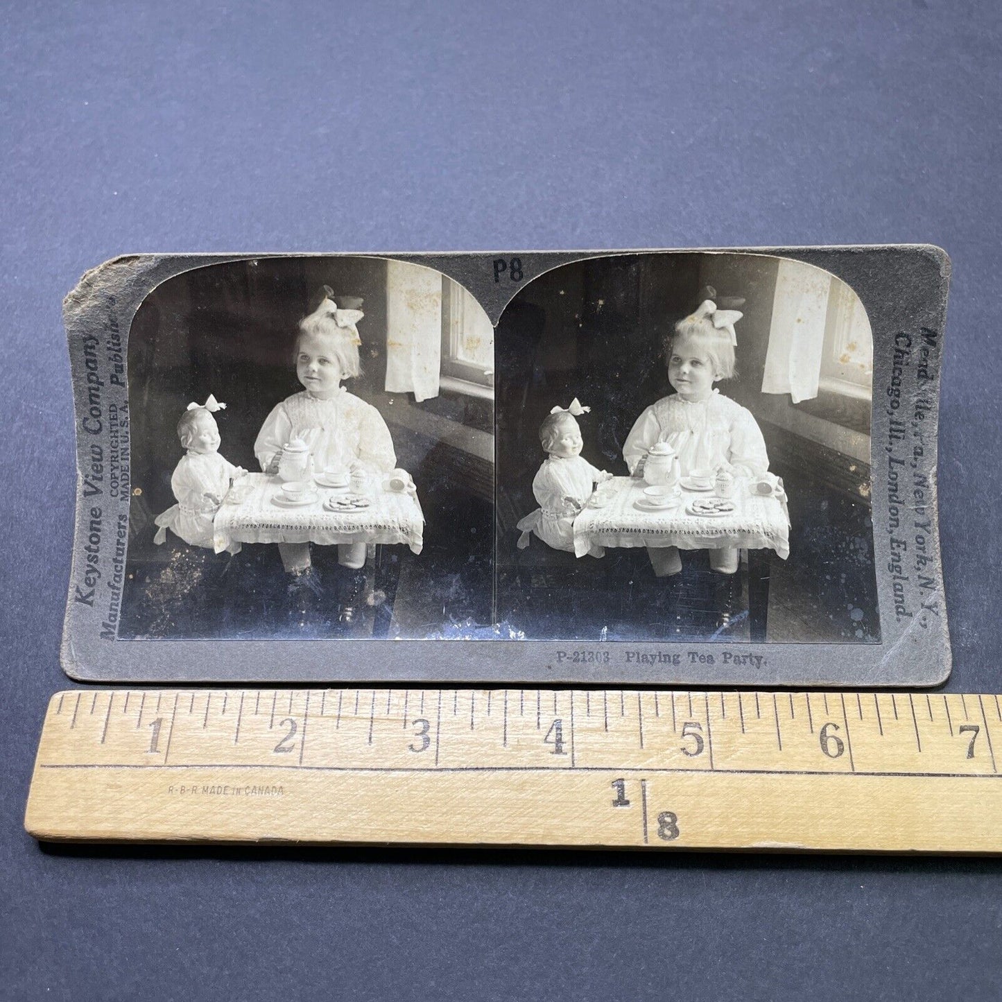 Antique 1900s Child Has A Tea Party With Doll Stereoview Photo Card P2615