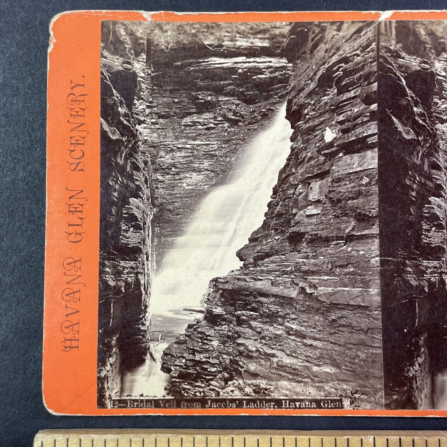 Watkins Glen Back of Bridal Veil Falls Stereoview George F. Gates c1865 Y1820