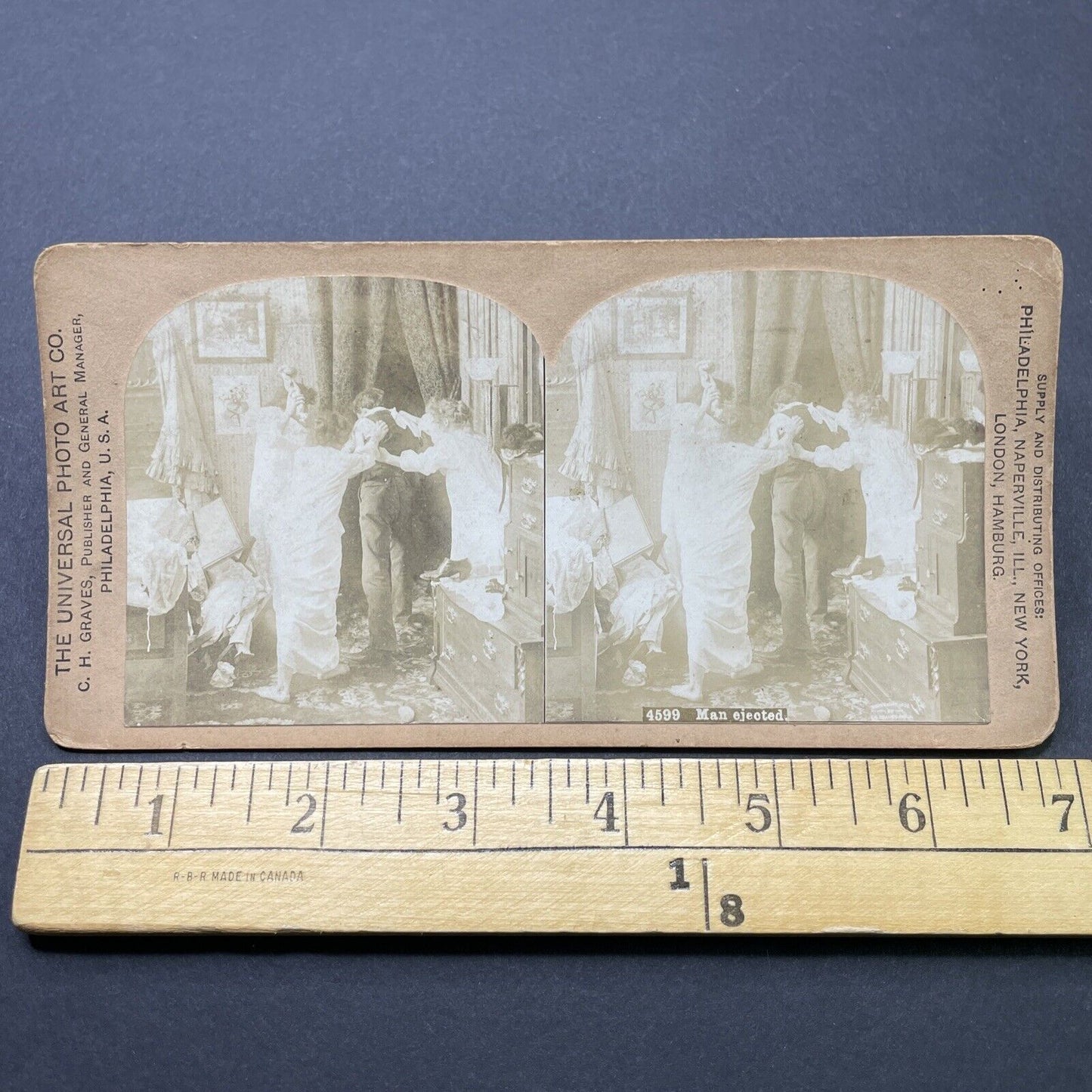 Antique 1890s Women In Underwear Chase Man Away Stereoview Photo Card P2570