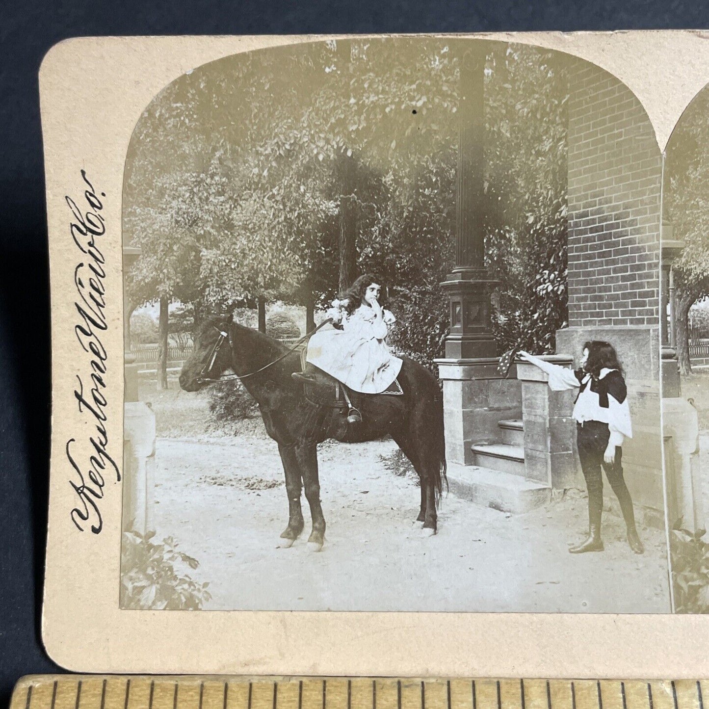 Antique 1890s Young Girl Riding A Horse Stereoview Photo Card P4736