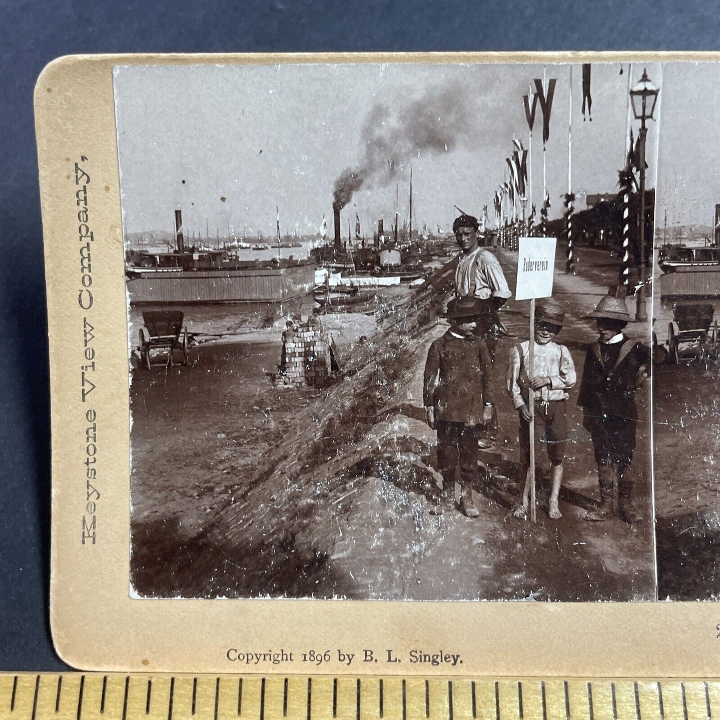 Antique 1896 Children Load Bricks On Ships Bingen Stereoview Photo Card P1980-17