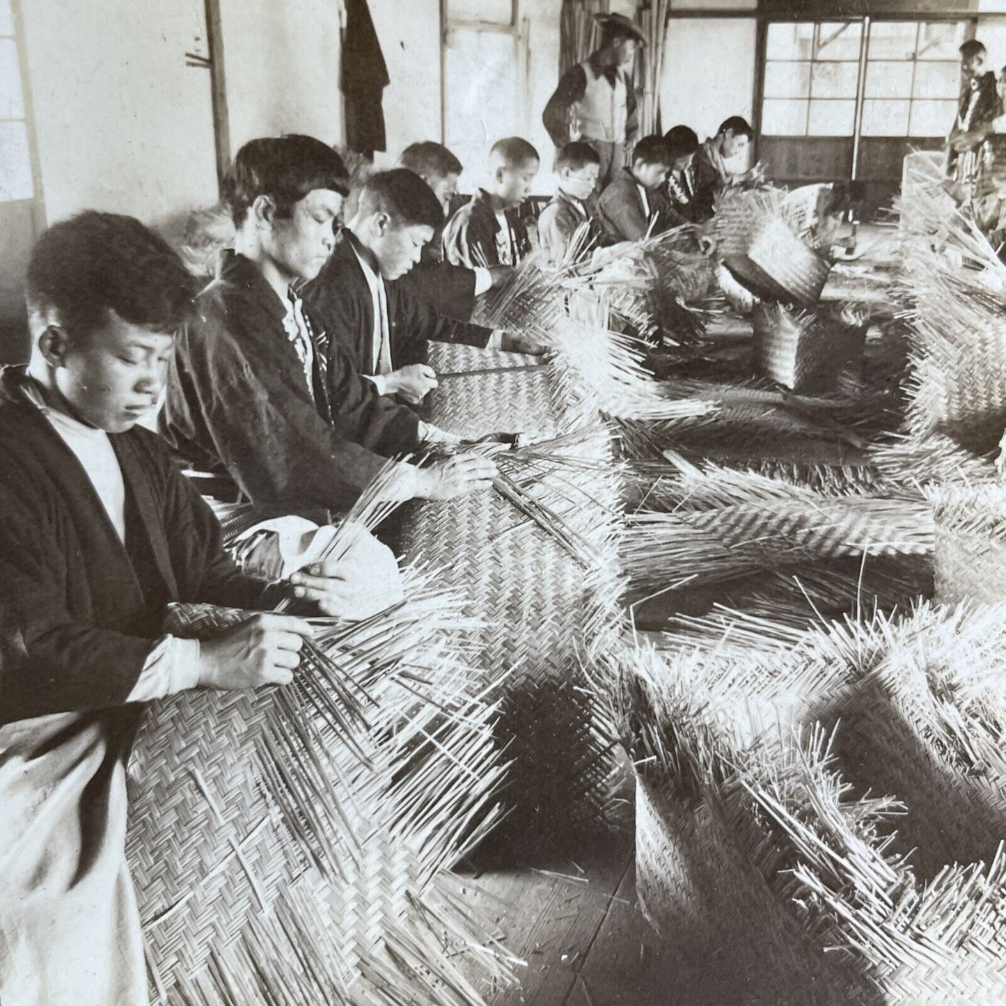 Antique 1904 Basket Factory Yoshiwara Fuji Japan Stereoview Photo Card P2156