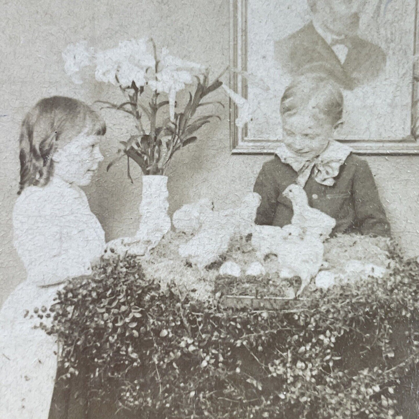 Antique 1892 Children Play With Chicks On Easter Stereoview Photo Card P2938