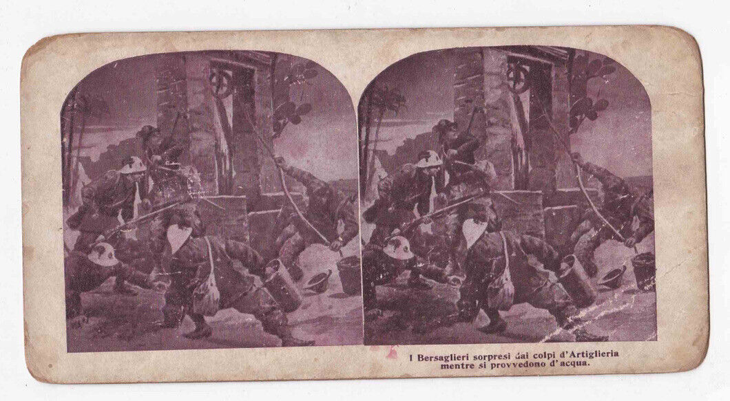 Antique 1911 Italian Bersaglieri Soldiers Ambushed In Libya Stereo Card P195