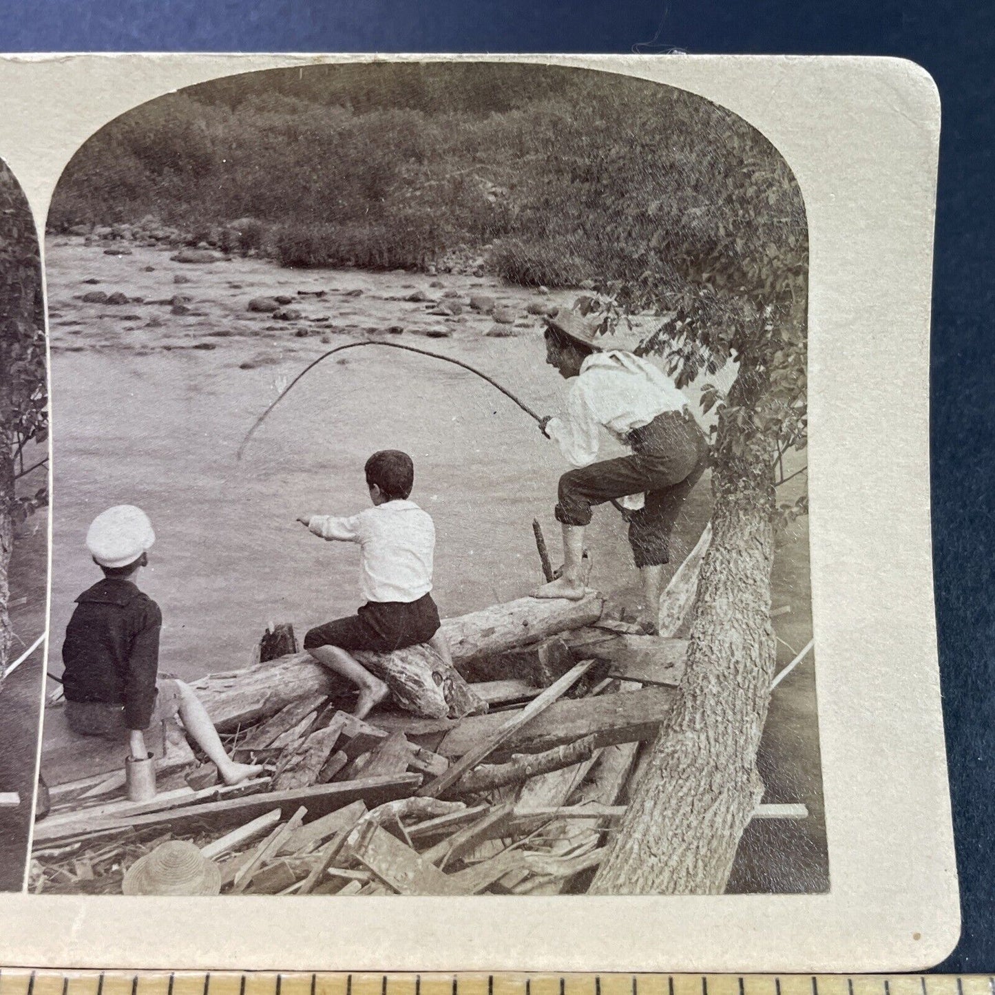 Antique 1880s Boys With Fishing Pole US South Stereoview Photo Card P3967