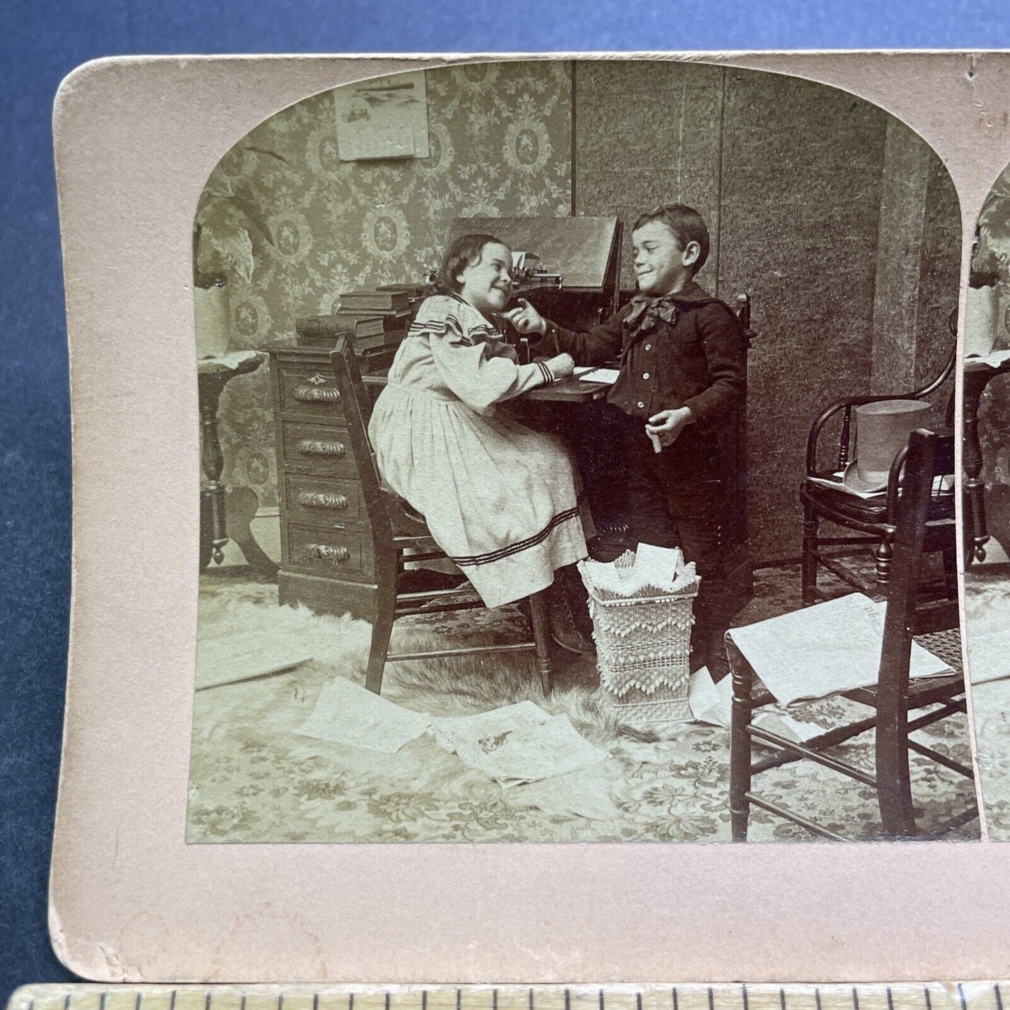 Antique 1897 Boy With A Cigar In Parlor Room Office Stereoview Photo Card V3600