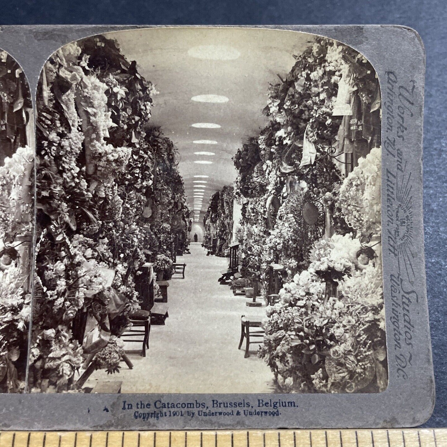 Antique 1901 Black Plague Catacombs Brussels Belgium Stereoview Photo Card P5160