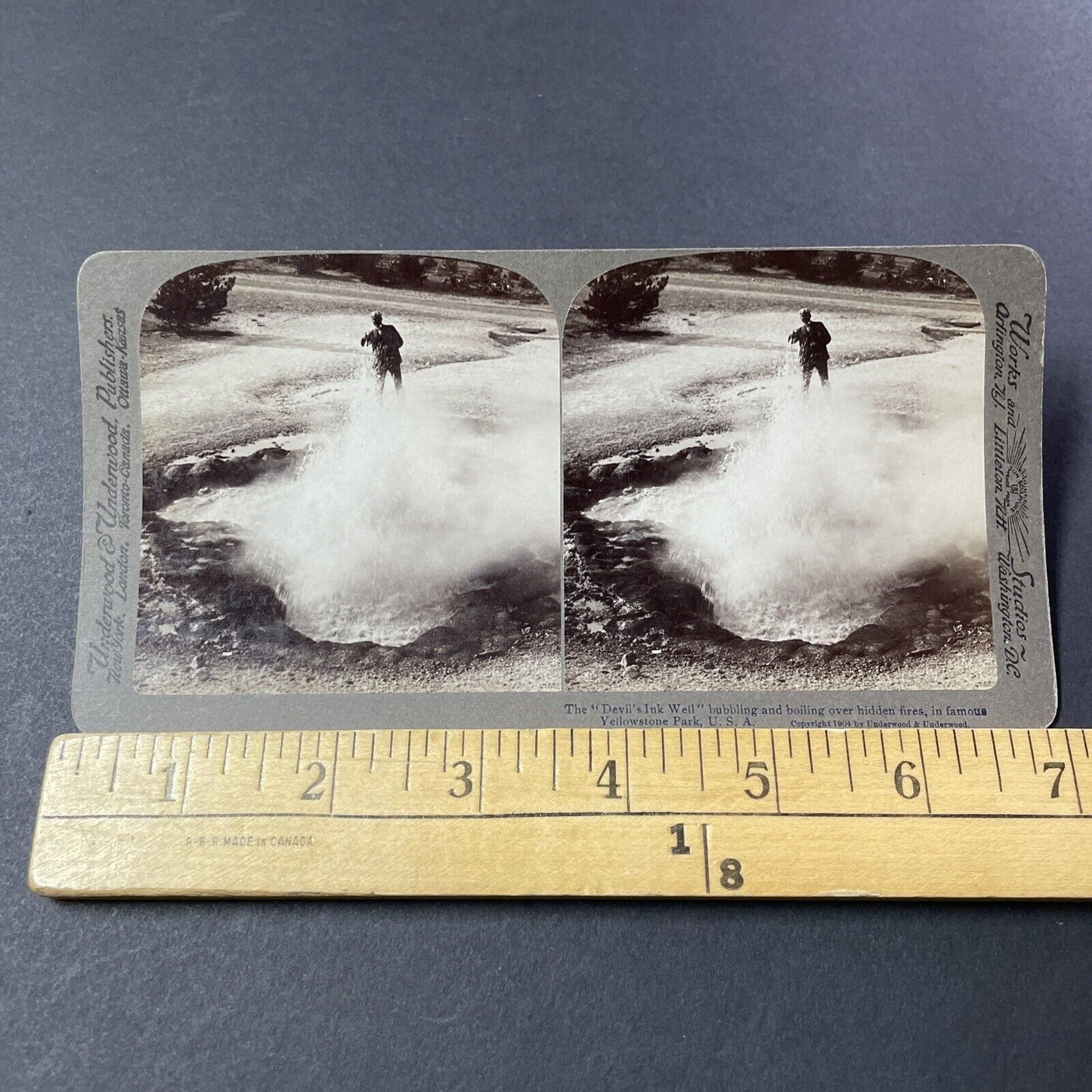 Antique 1904 Geyser Spews At Man Yellowstone Stereoview Photo Card V3202