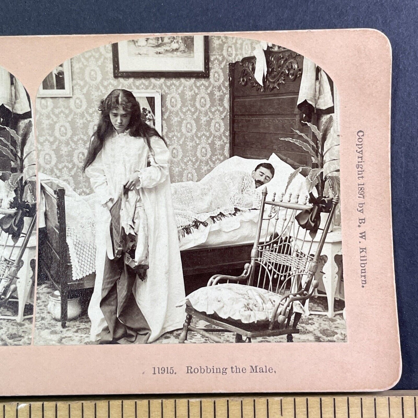 Woman Steals from Man while he Sleeps Stereoview James M. Davis c1897 Y1707