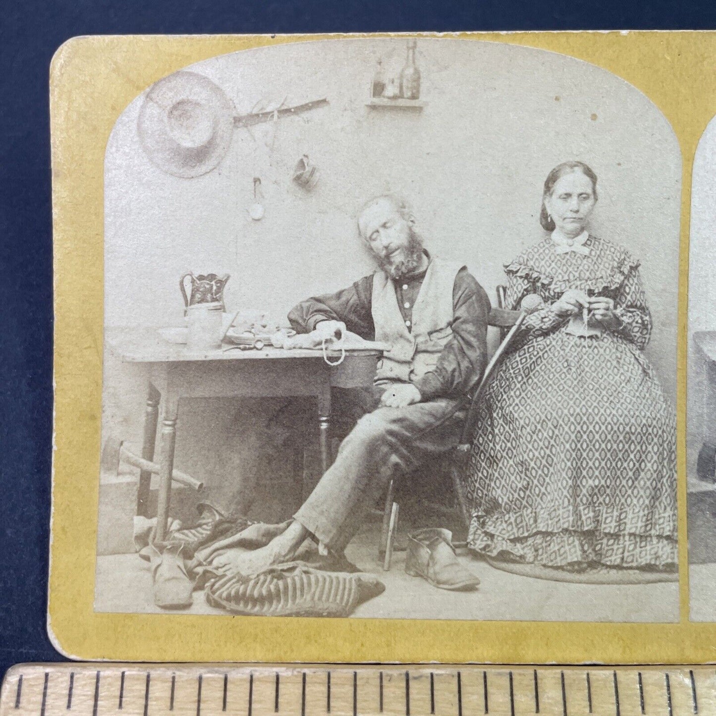 Antique 1870s Woman Knits While Husband Sleeps Stereoview Photo Card P3361