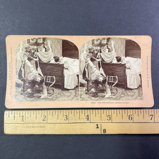 Older Woman Beats Man with a Broom Stereoview Antique c1899 Y1805