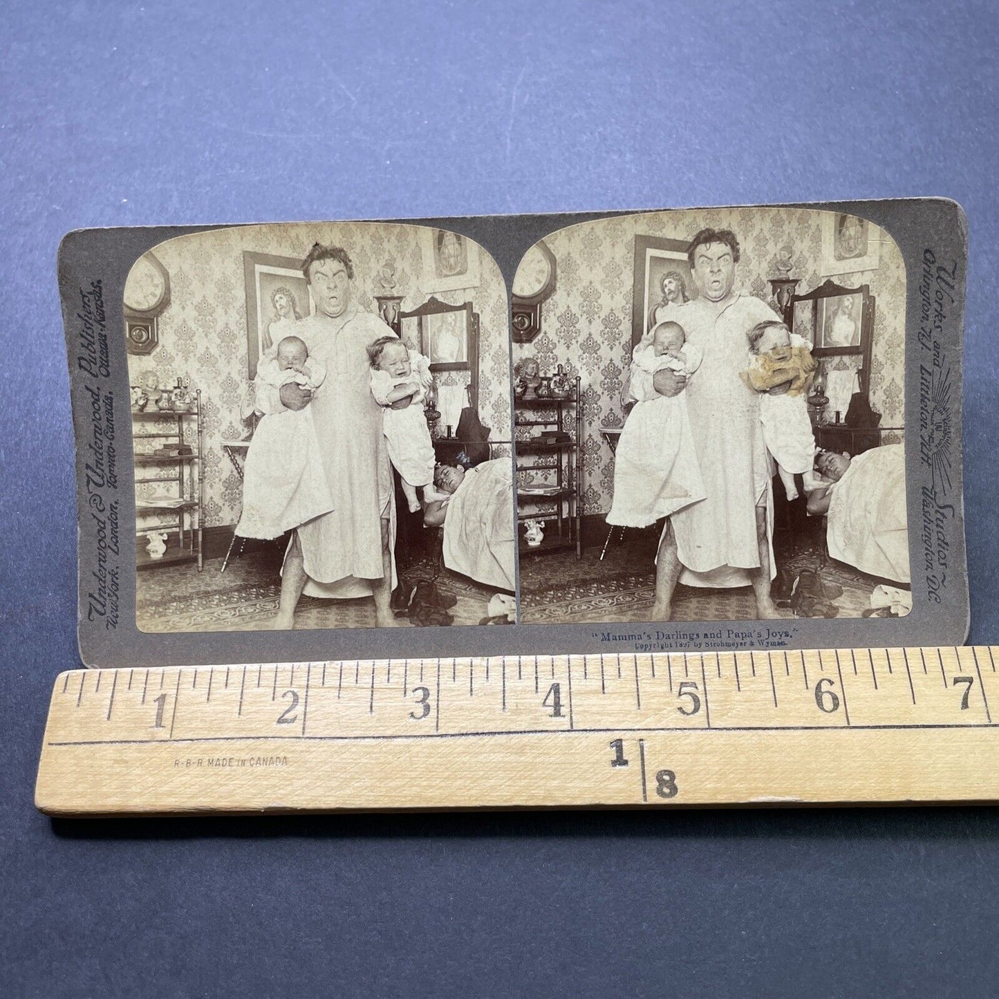 Antique 1897 Exhausted Dad With Crying Babies Stereoview Photo Card P2392