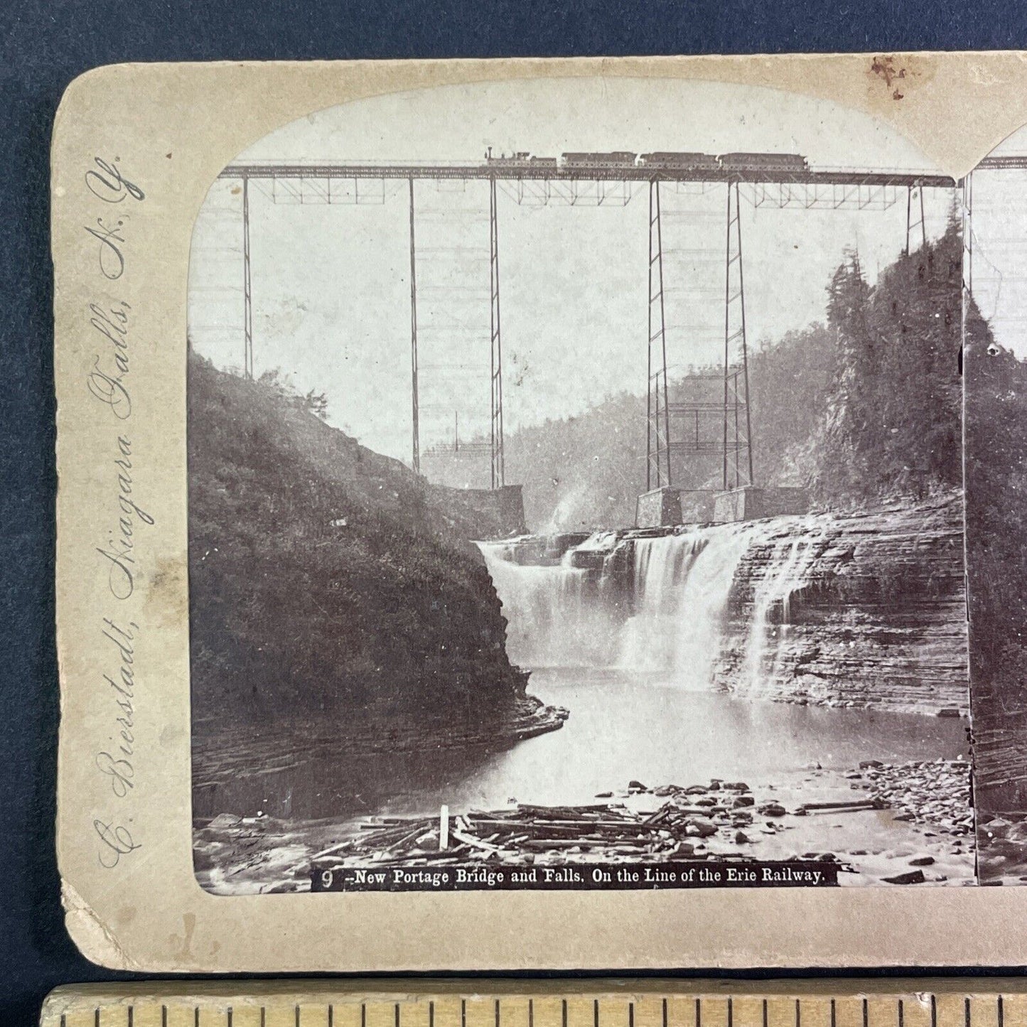 Portage Falls Train Bridge in New York Stereoview Charles Birestadt c1875 X1939