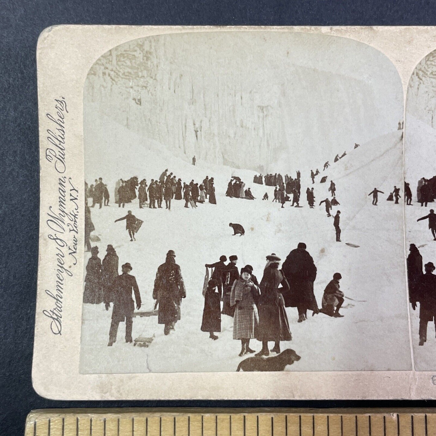 Victorian People Sledding on Snow Hills Stereoview Antique c1893 Y1783