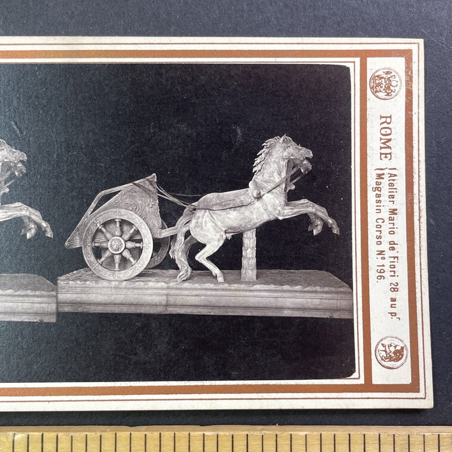 Sculpture of Biga Chariot Stereoview Edmond Behles Antique c1870s Y017