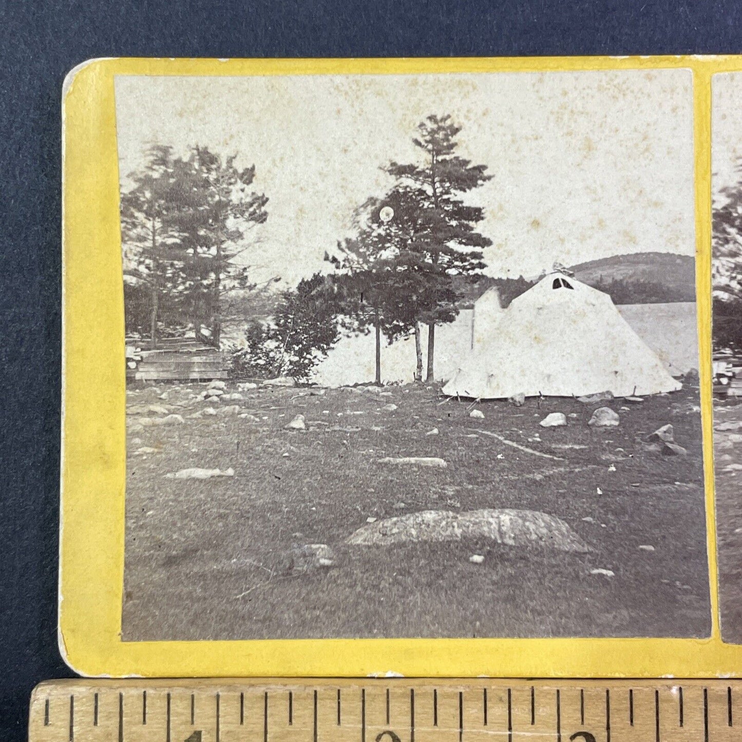 Tents On Weirs Beach Stereoview Laconia NH Photo Card Antique 1872 X828