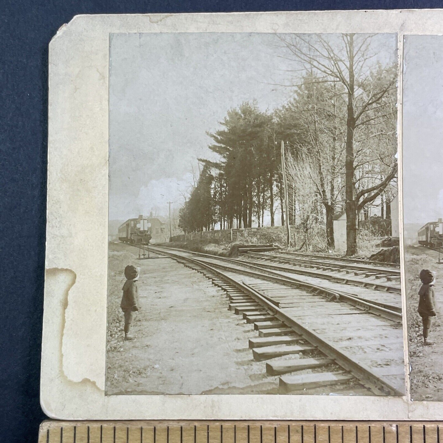Child Near Passenger Train Tracks Stereoview Philadelphia? Antique c1875 X1615