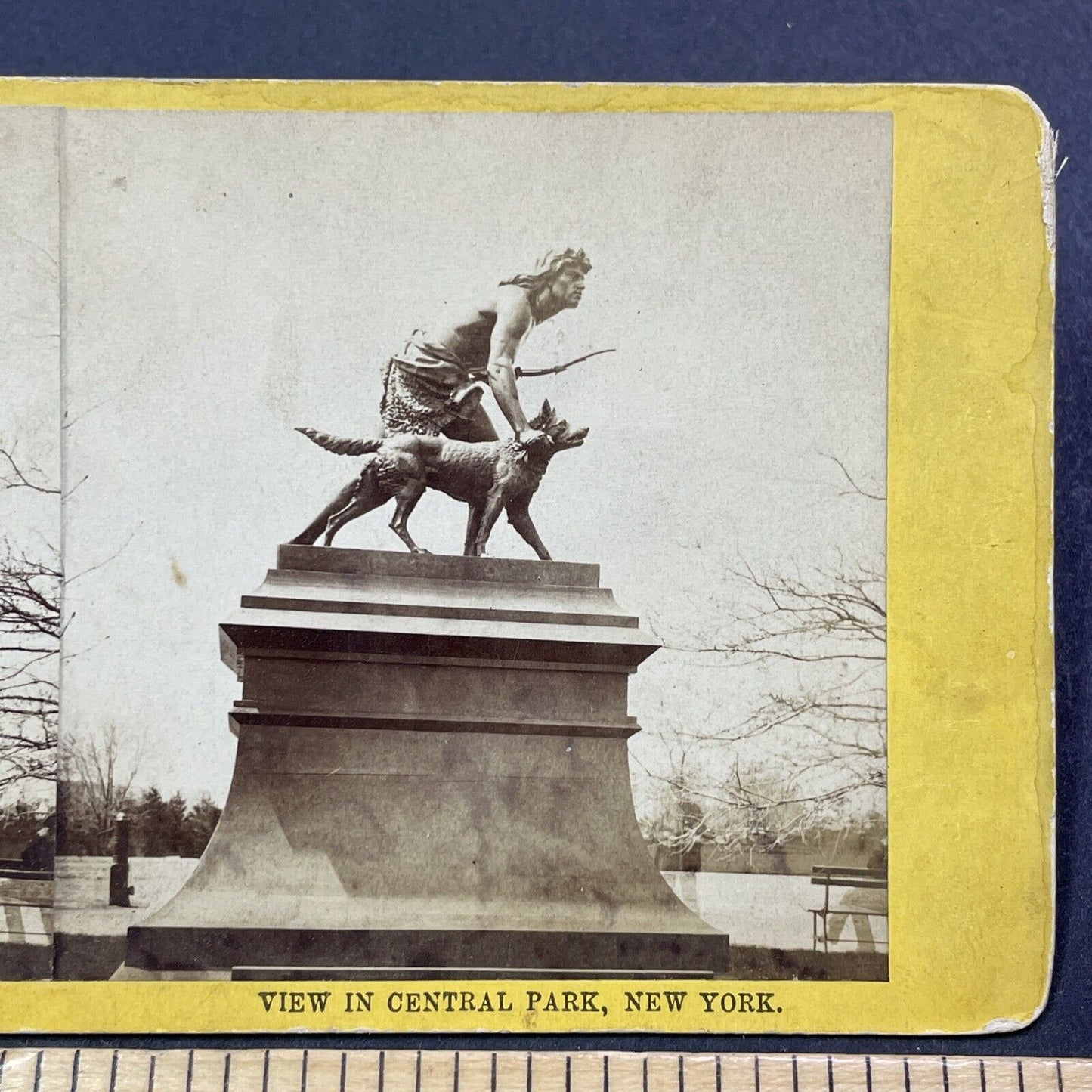 Antique 1870s Indian Hunter Central Park Manhattan Stereoview Photo Card V1945